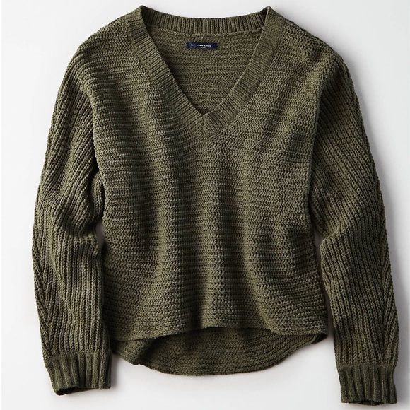 American Eagle Cropped Olive Green Knit Sweater - Picture 2 of 2